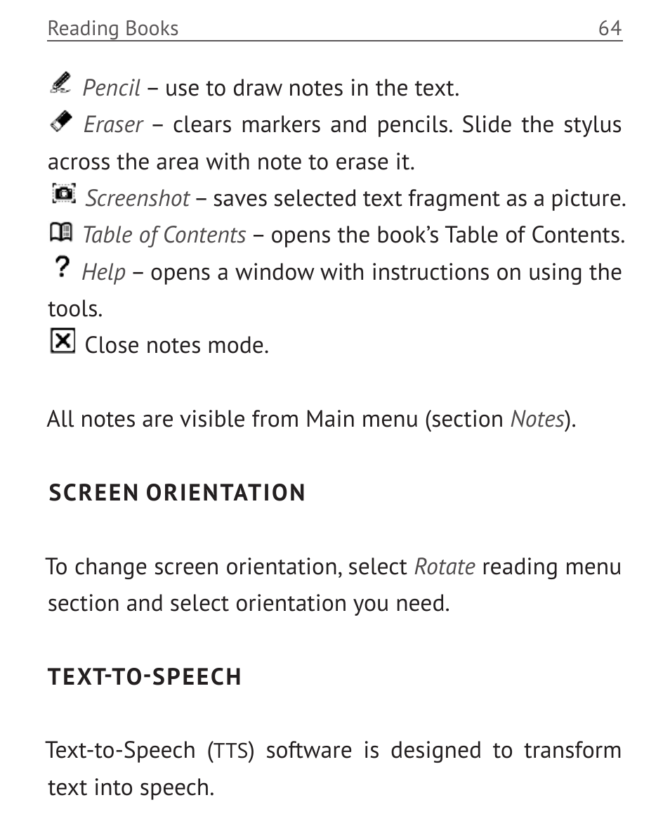 Screen orientation, Text-to-speech, Text-to-speech 64 | PocketBook Color Lux User Manual | Page 65 / 89