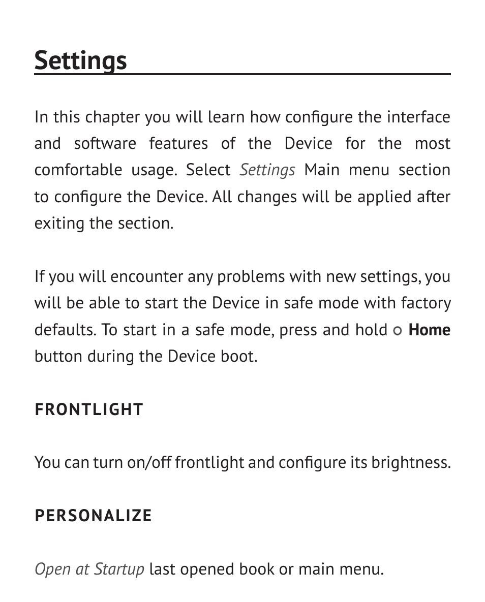 Settings, Frontlight, Personalize | Frontlight 66 personalize 66 | PocketBook Color Lux User Manual | Page 67 / 89