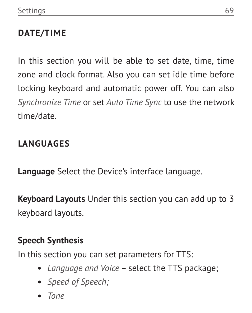 Date/time, Languages, Date/time 69 languages 69 | PocketBook Color Lux User Manual | Page 70 / 89