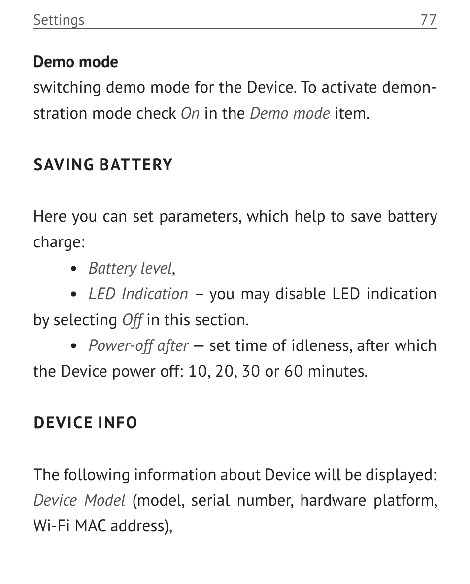 Saving battery, Device info | PocketBook Color Lux User Manual | Page 78 / 89
