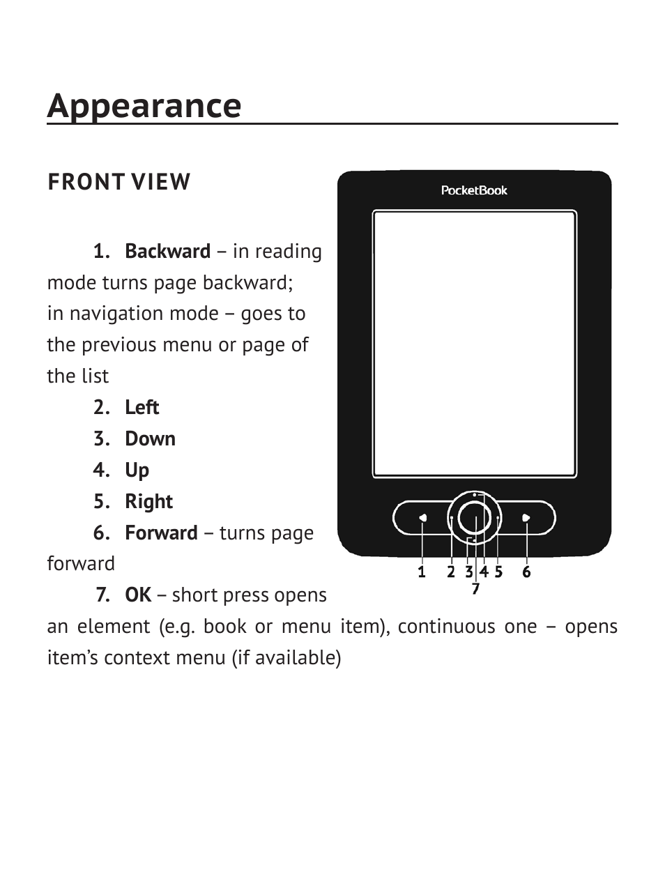 Appearance, Front view | PocketBook Basic New 613 User Manual | Page 11 / 54