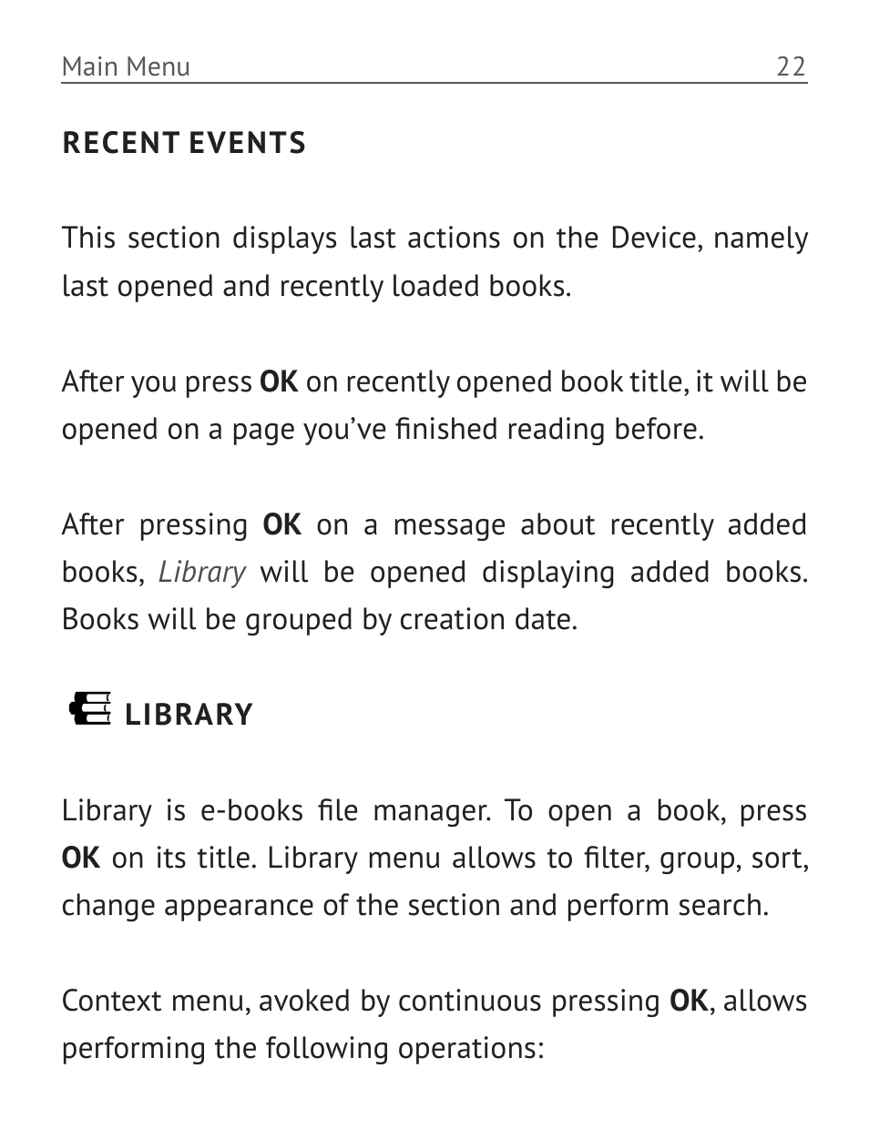 Recent events, Library | PocketBook Basic New 613 User Manual | Page 23 / 54