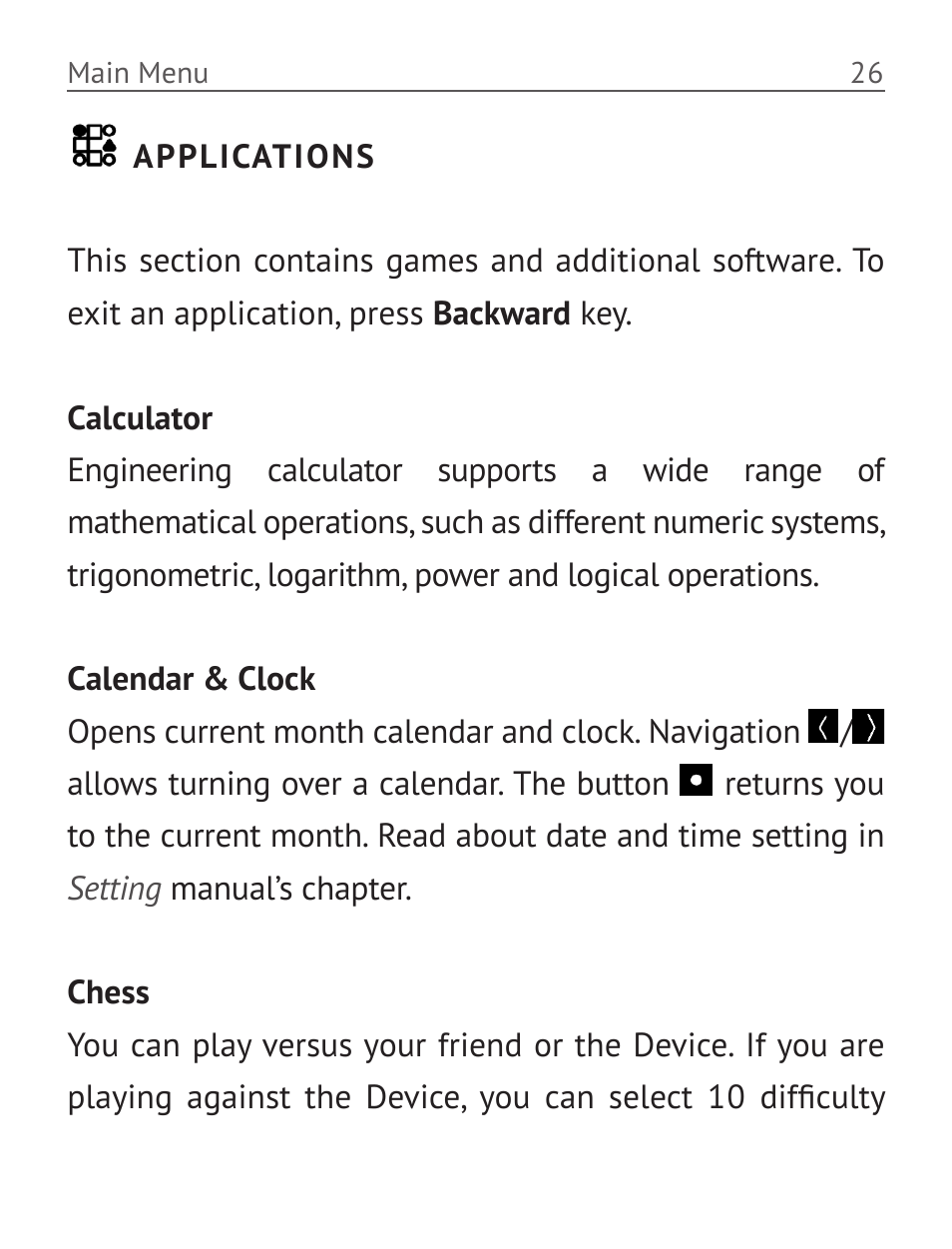 Applications, Calculator, Calendar & clock | Chess | PocketBook Basic New 613 User Manual | Page 27 / 54
