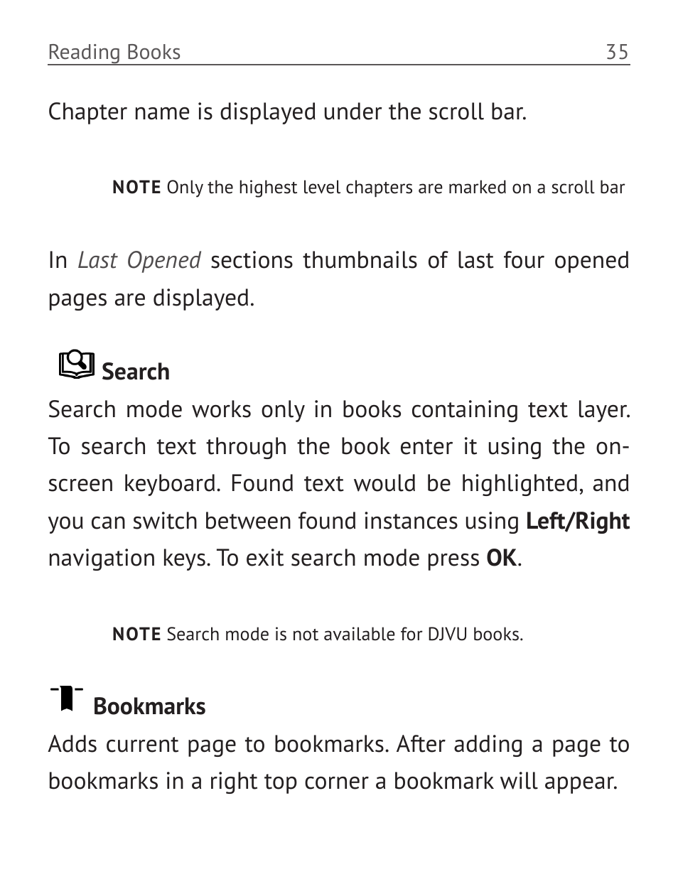 Search, Bookmarks, Search 35 bookmarks | PocketBook Basic New 613 User Manual | Page 36 / 54