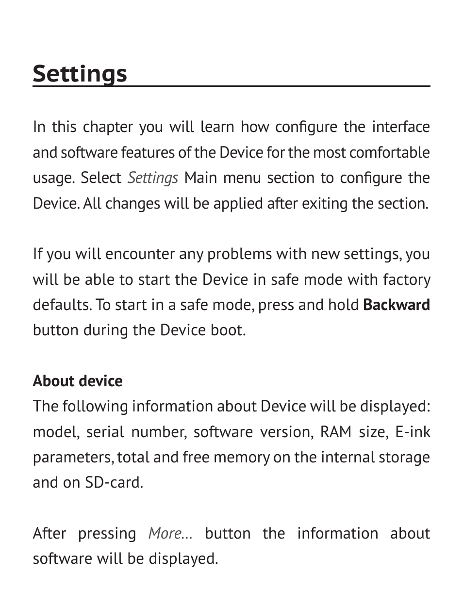 Settings, About device | PocketBook Basic New 613 User Manual | Page 42 / 54