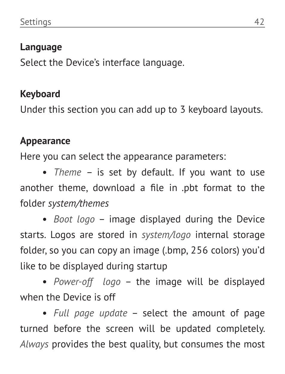 Language, Keyboard, Appearance | PocketBook Basic New 613 User Manual | Page 43 / 54
