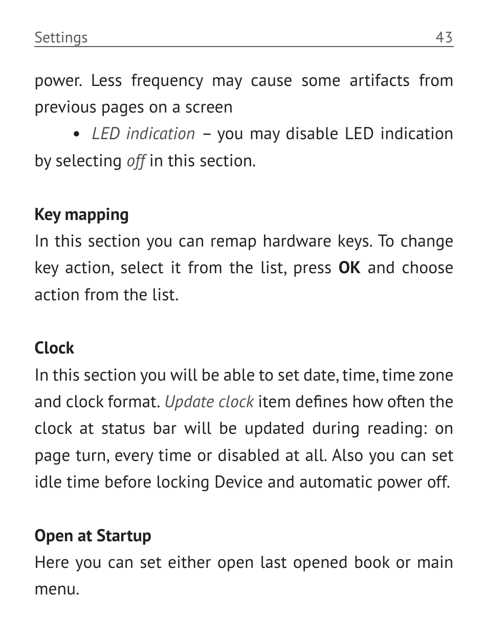 Key mapping, Clock, Open at startup | PocketBook Basic New 613 User Manual | Page 44 / 54