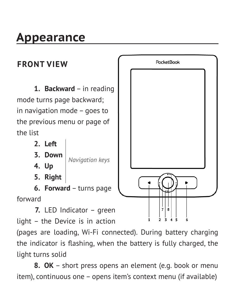 Appearance, Front view | PocketBook Basic 611 User Manual | Page 11 / 64