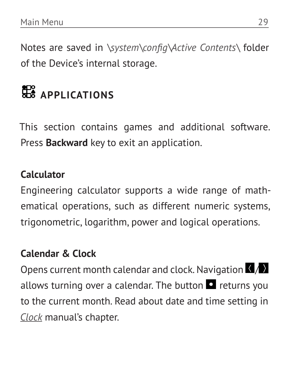 Applications, Calculator, Calendar & clock | Applications 29, Calculator 29 calendar & clock | PocketBook Basic 611 User Manual | Page 30 / 64