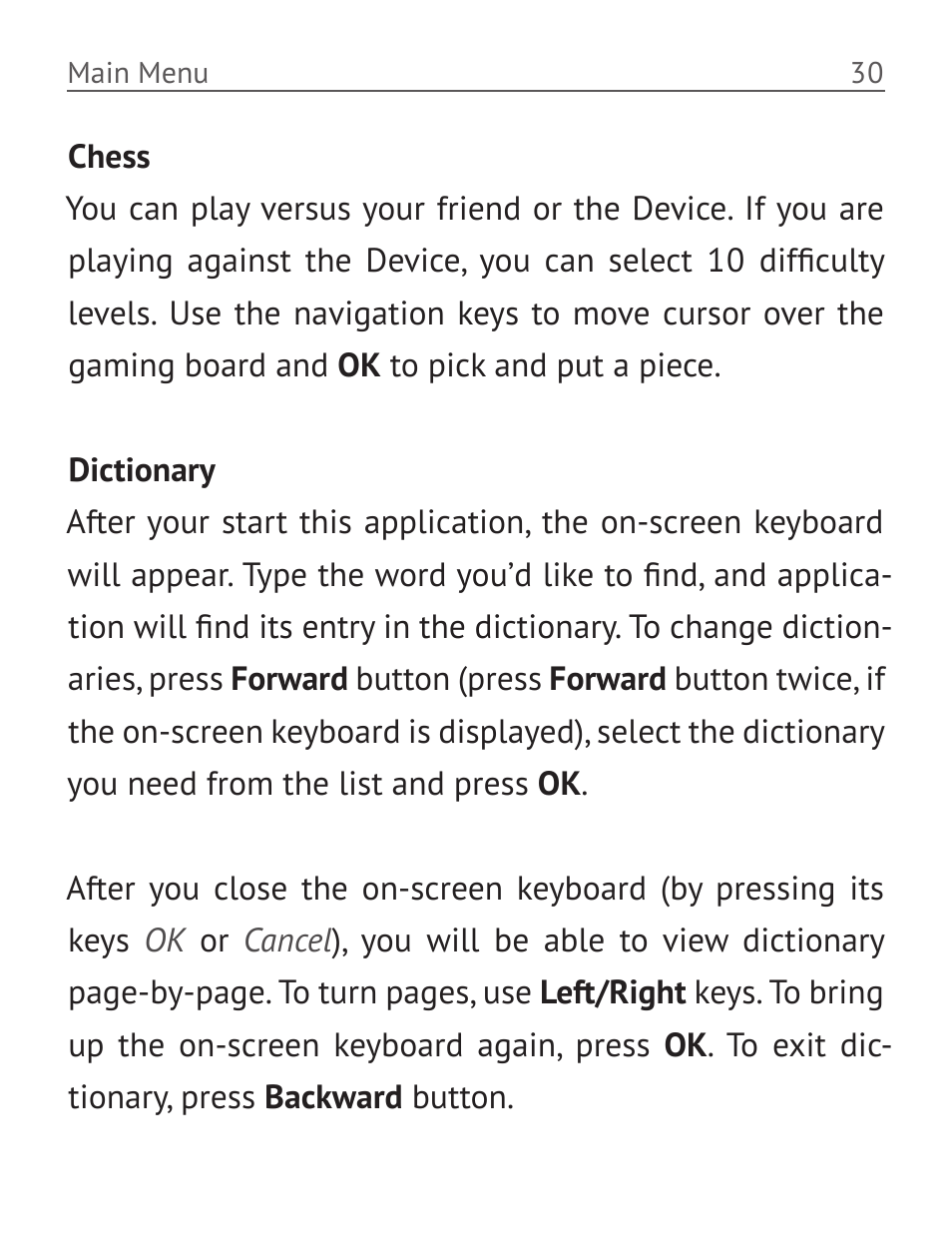 Chess, Dictionary, Chess 30 dictionary 30 | PocketBook Basic 611 User Manual | Page 31 / 64