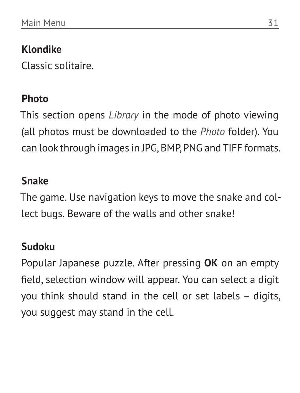 Klondike, Photo, Snake | Sudoku, Klondike 31 photo 31 snake 31 sudoku 31 | PocketBook Basic 611 User Manual | Page 32 / 64