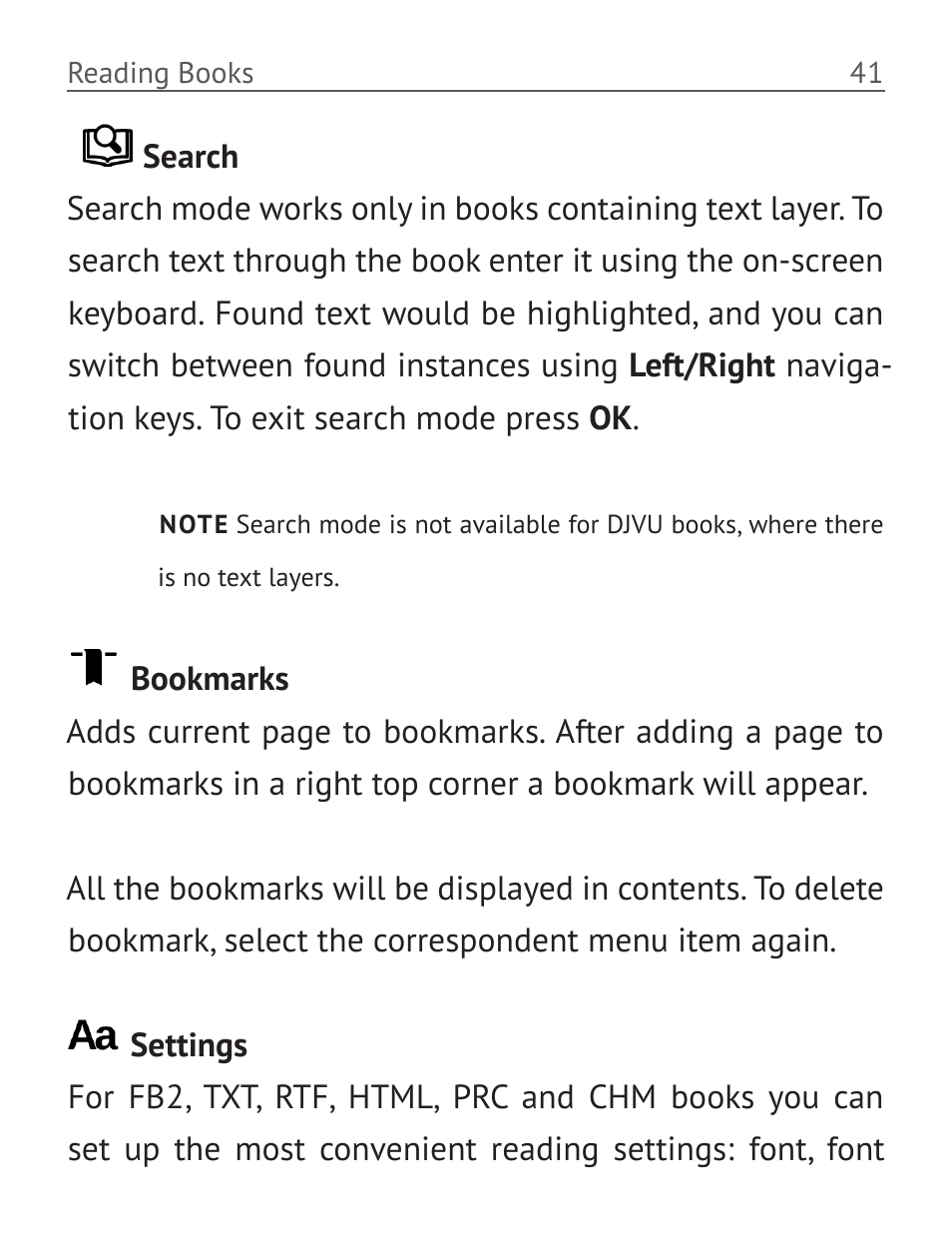 Search, Bookmarks, Settings | Search 41 bookmarks 41 settings 41 | PocketBook Basic 611 User Manual | Page 42 / 64