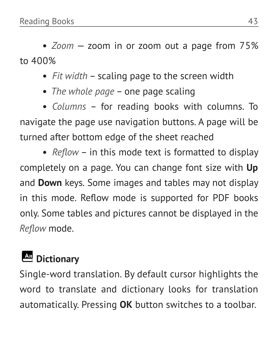 Dictionary, Dictionary 43 | PocketBook Basic 611 User Manual | Page 44 / 64