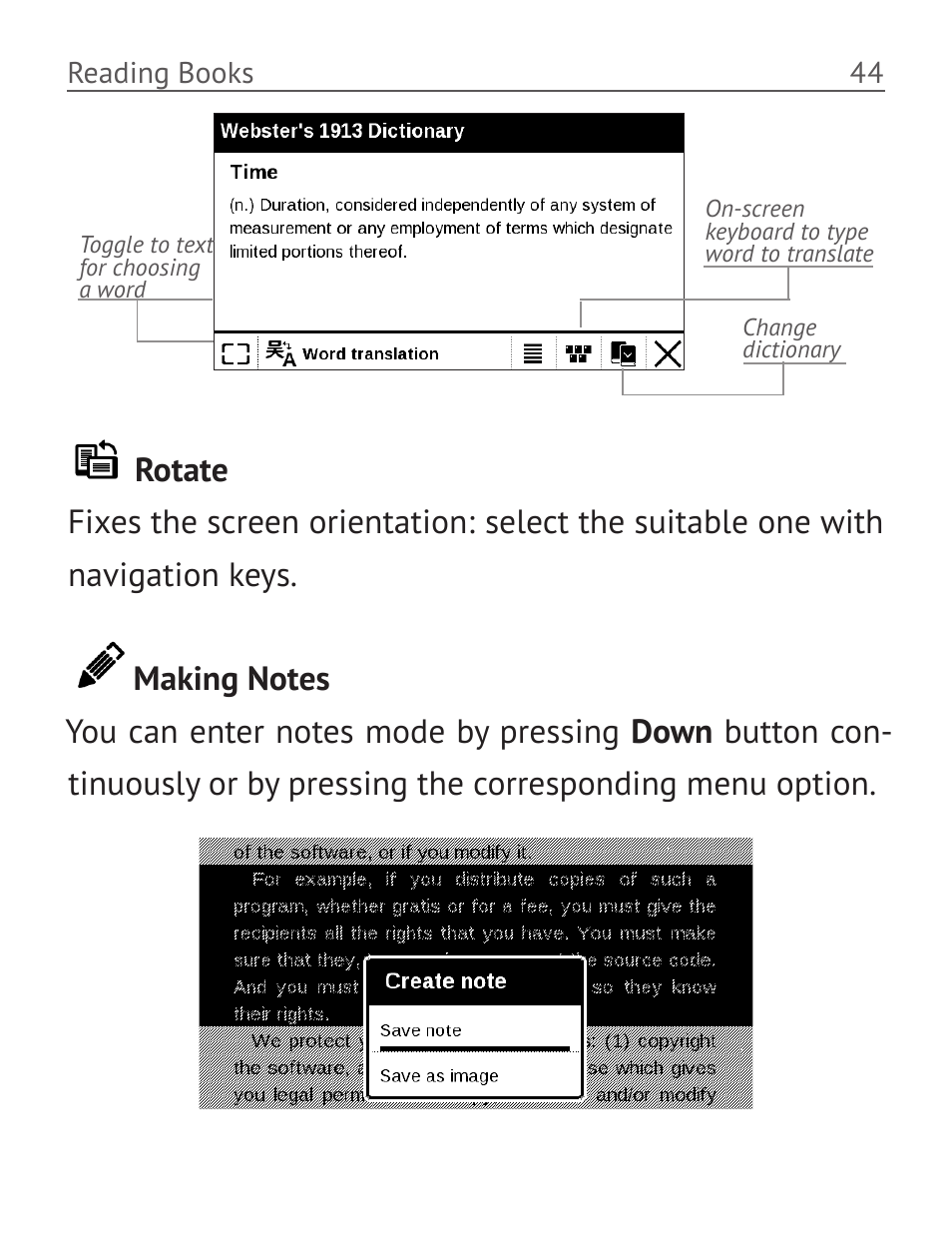 Rotate, Making notes, Rotate 44 making notes | PocketBook Basic 611 User Manual | Page 45 / 64