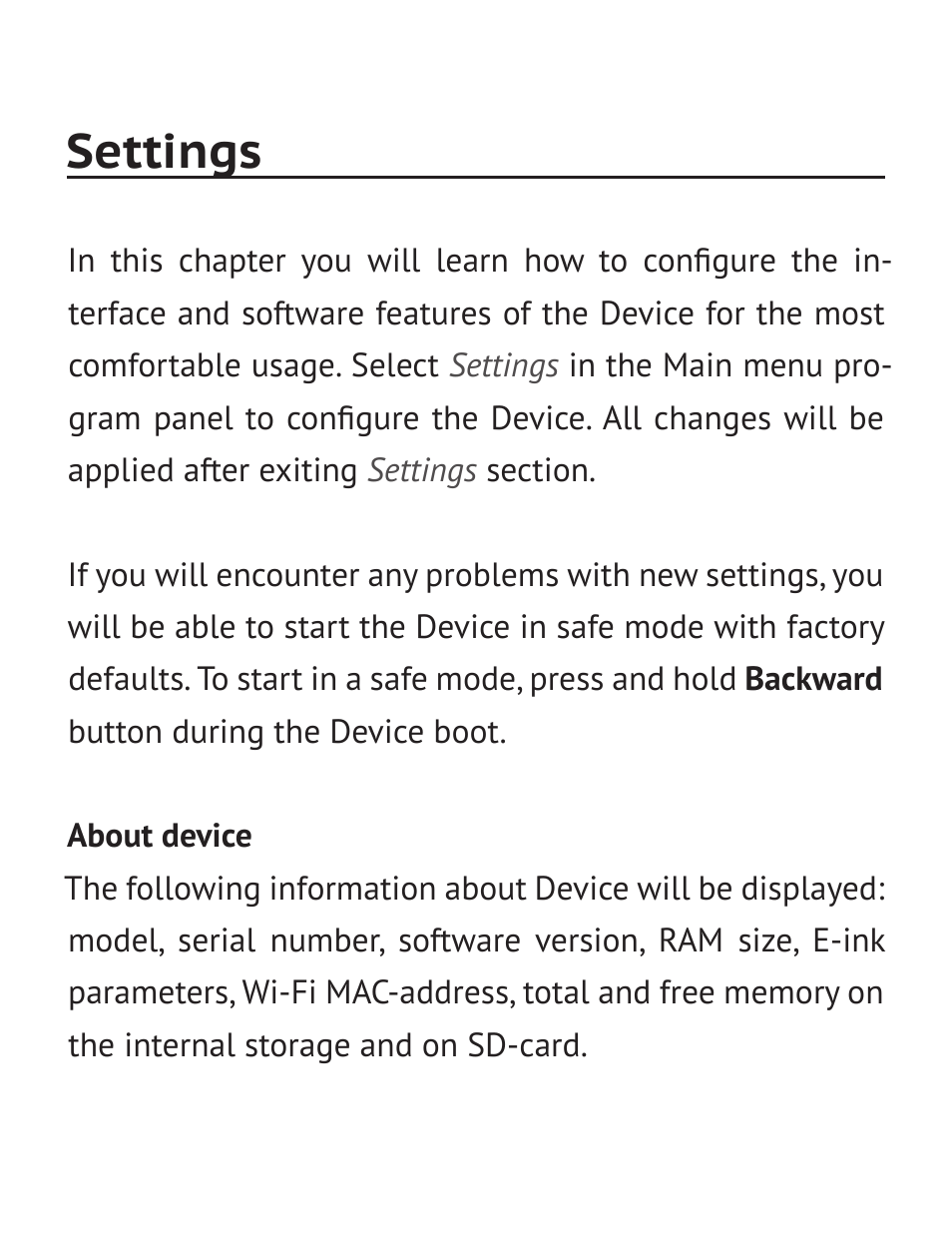 Settings, About device | PocketBook Basic 611 User Manual | Page 47 / 64