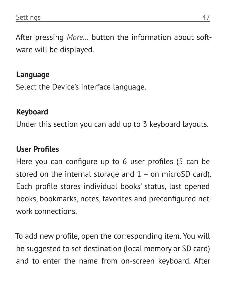 Language, Keyboard, User profiles | Language 47 keyboard 47 | PocketBook Basic 611 User Manual | Page 48 / 64