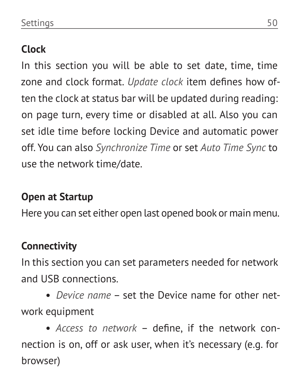 Clock, Open at startup, Connectivity | Clock 50 open at startup, Connectivity 50 | PocketBook Basic 611 User Manual | Page 51 / 64