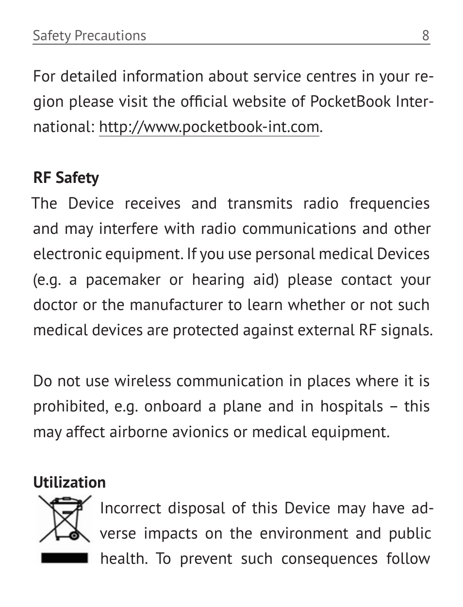 Rf safety, Utilization, Utilization 8 | PocketBook Basic 611 User Manual | Page 9 / 64