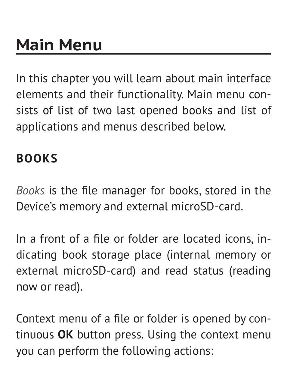Main menu, Books, Books 25 | PocketBook 36 Plus User Manual | Page 26 / 67