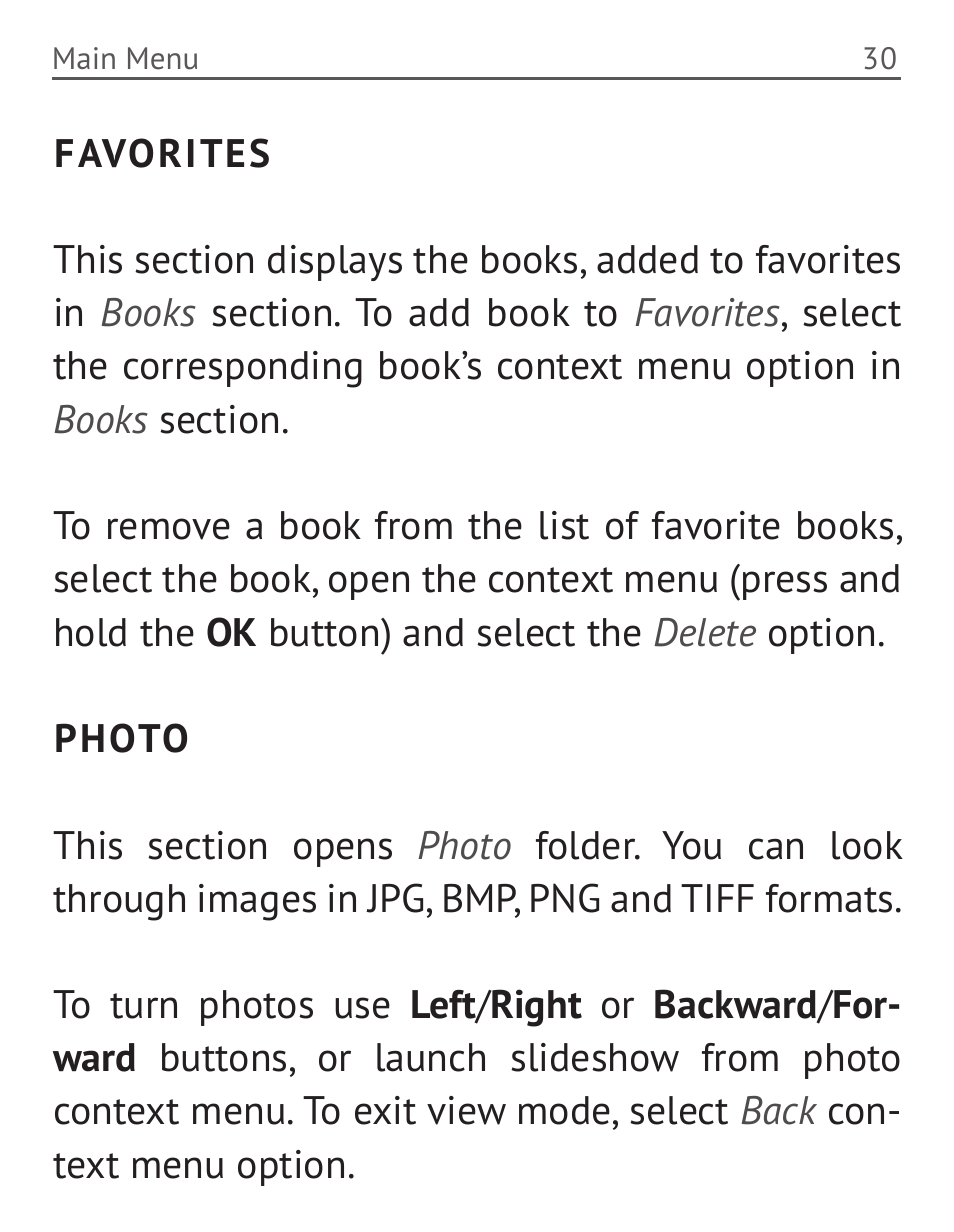 Favorites, Photo, Favorites 30 photo 30 | PocketBook 36 Plus User Manual | Page 31 / 67