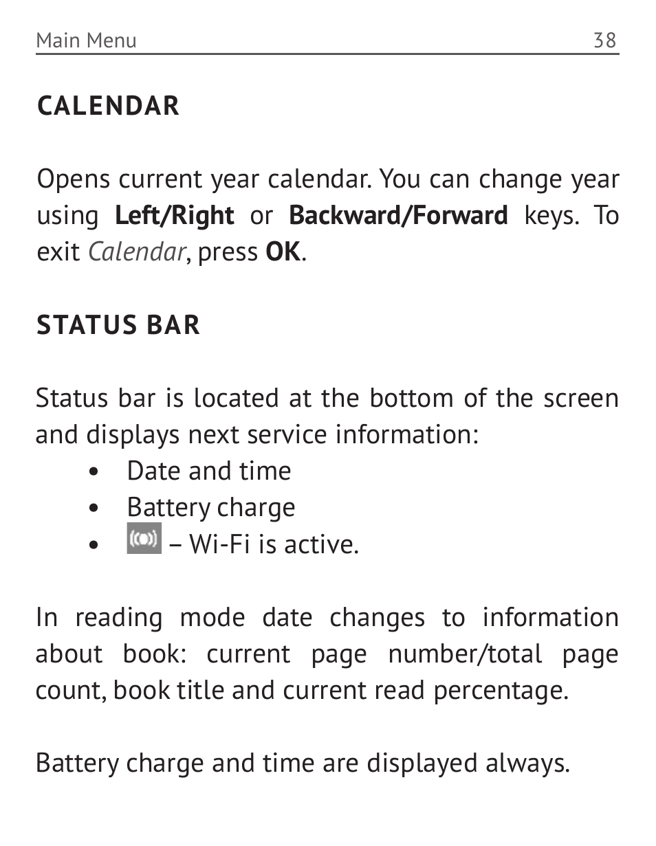 Calendar, Status bar, Calendar 38 status bar | PocketBook 36 Plus User Manual | Page 39 / 67