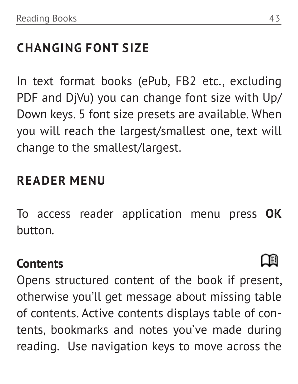 Changing font size, Reader menu | PocketBook 36 Plus User Manual | Page 44 / 67