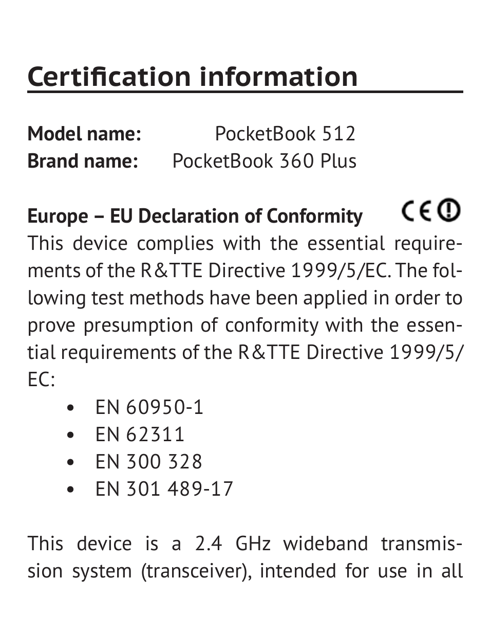 Certification information | PocketBook 36 Plus User Manual | Page 66 / 67