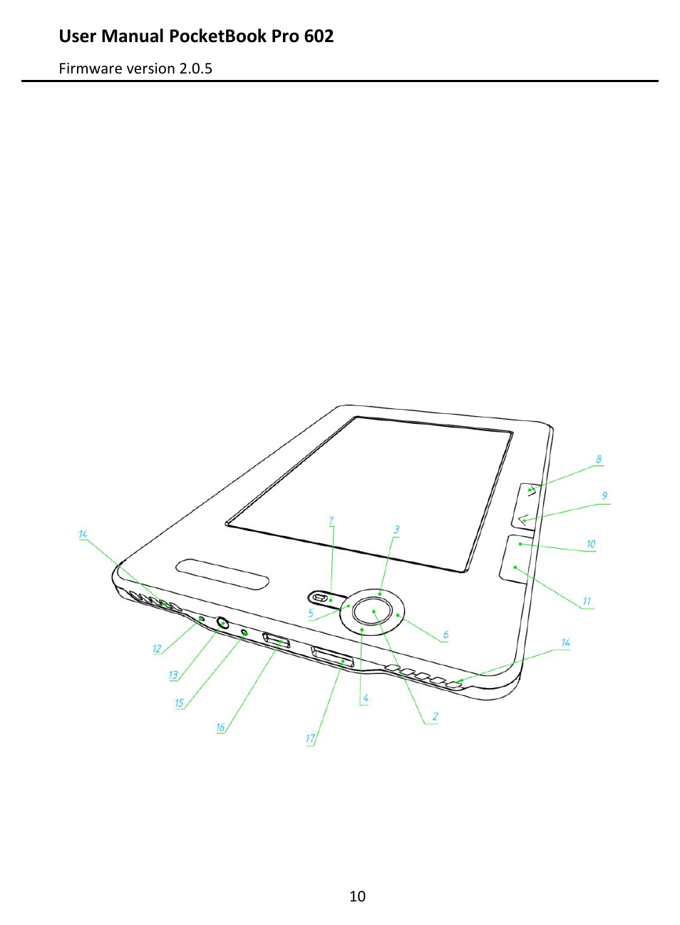 Pocketbook pro 602 - appearance and controls, Front view, Pocketbook pro 602 - appearance and | Controls | PocketBook Pro 602 User Manual | Page 10 / 87