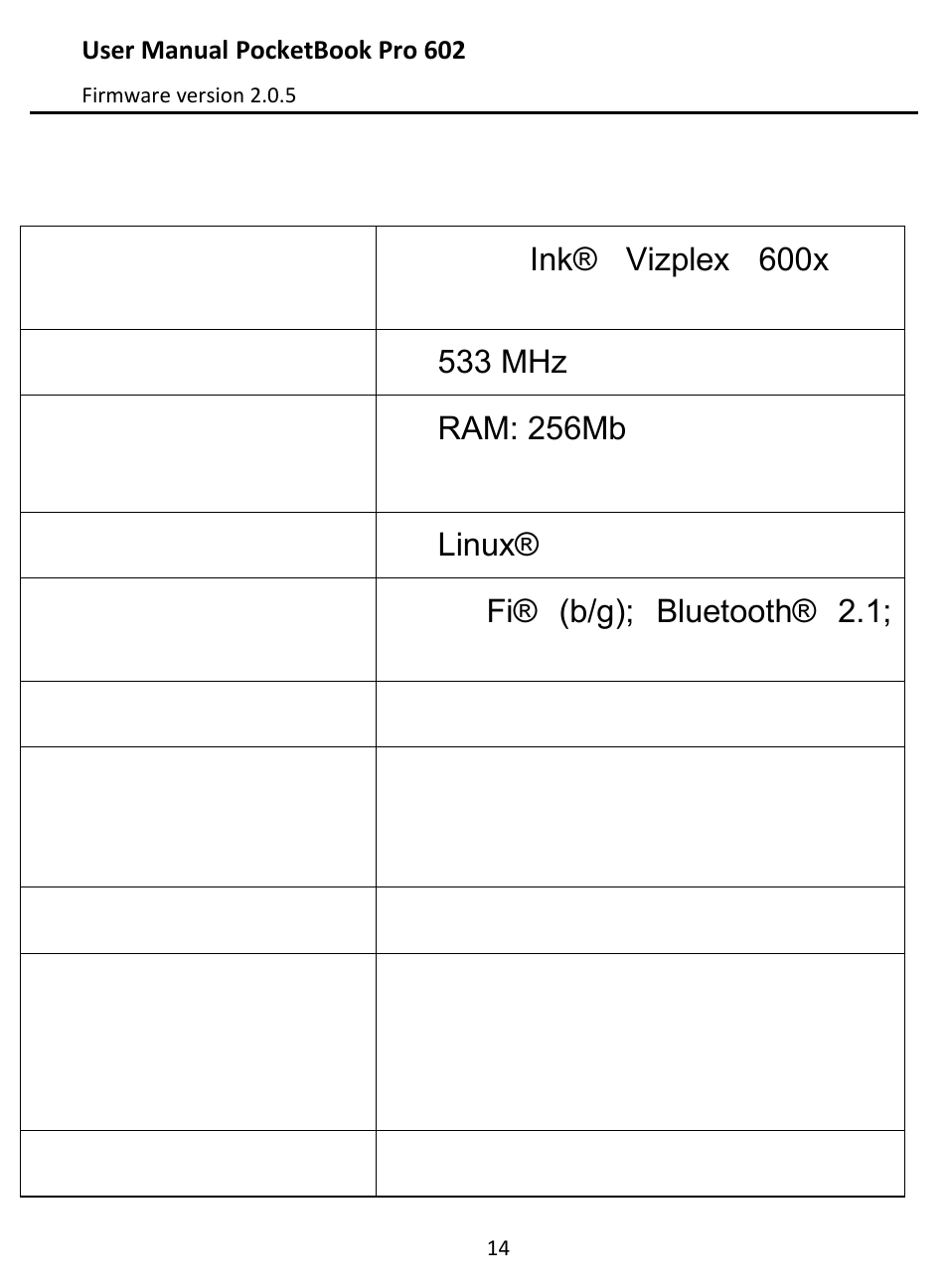 Pocketbook pro 602 technical characteristics, Pocketbook, Technical | Characteristics | PocketBook Pro 602 User Manual | Page 14 / 87