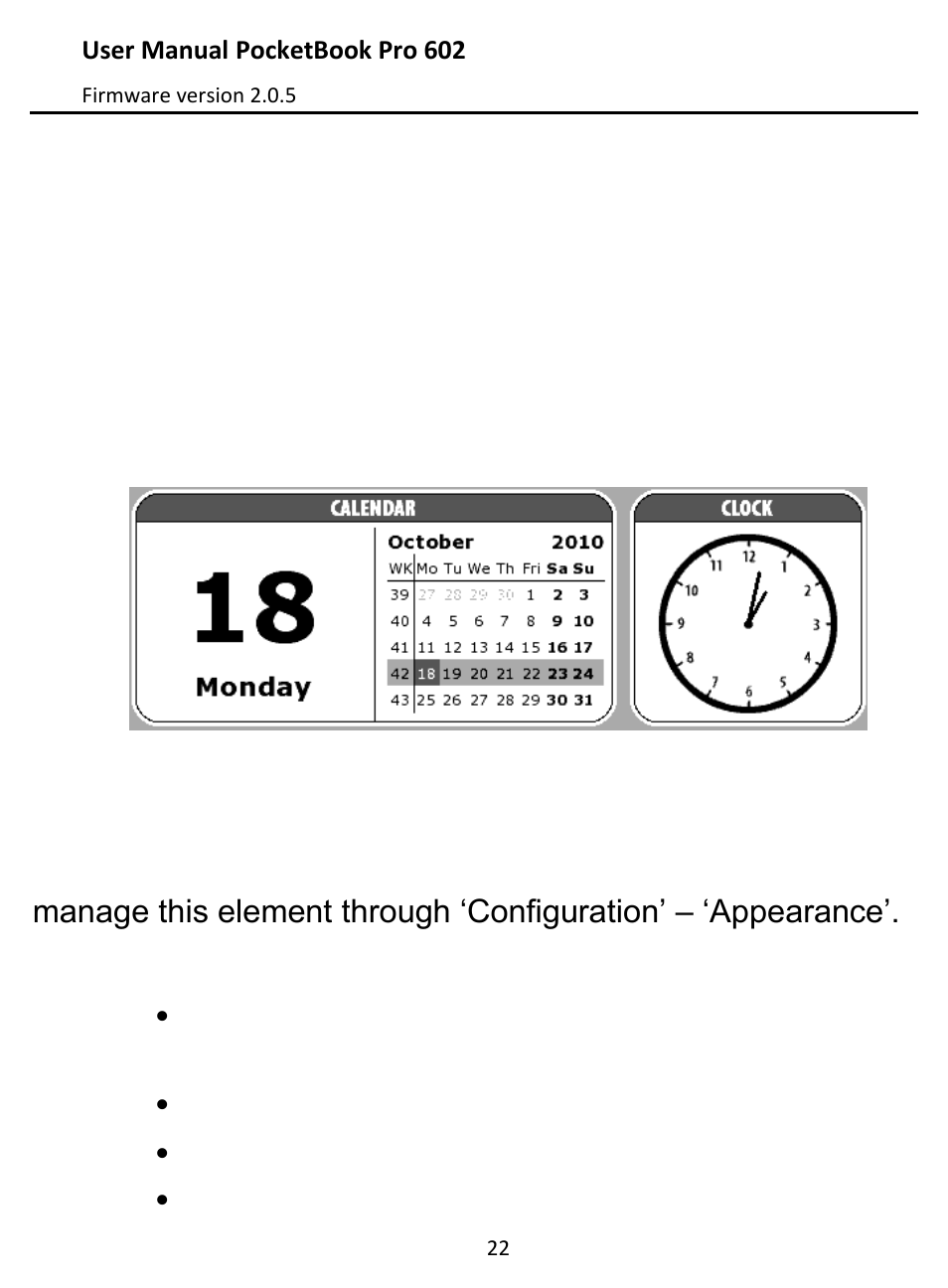 Widgets, Current-year calendar | PocketBook Pro 602 User Manual | Page 22 / 87