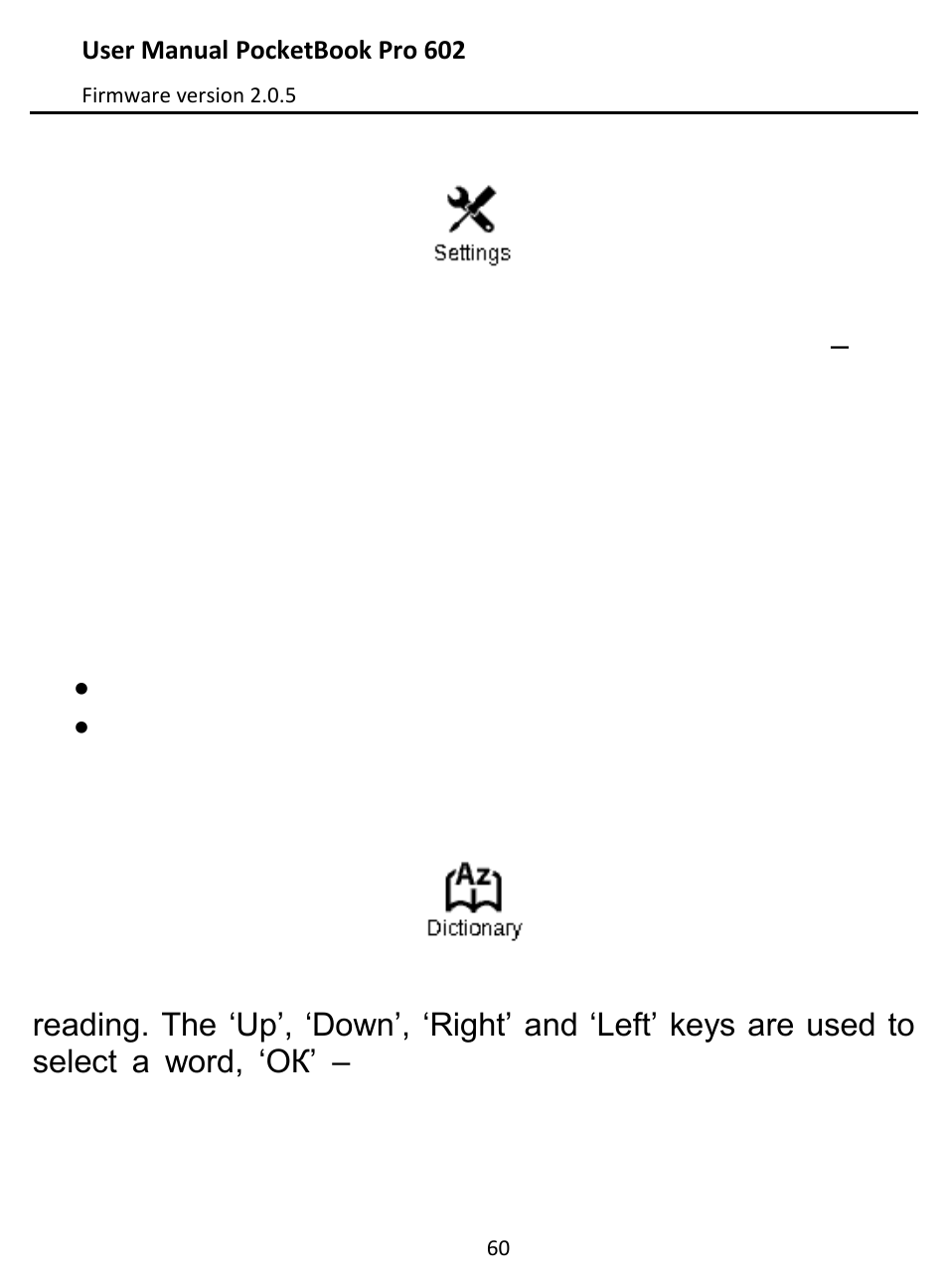 Settings, Dictionary | PocketBook Pro 602 User Manual | Page 60 / 87