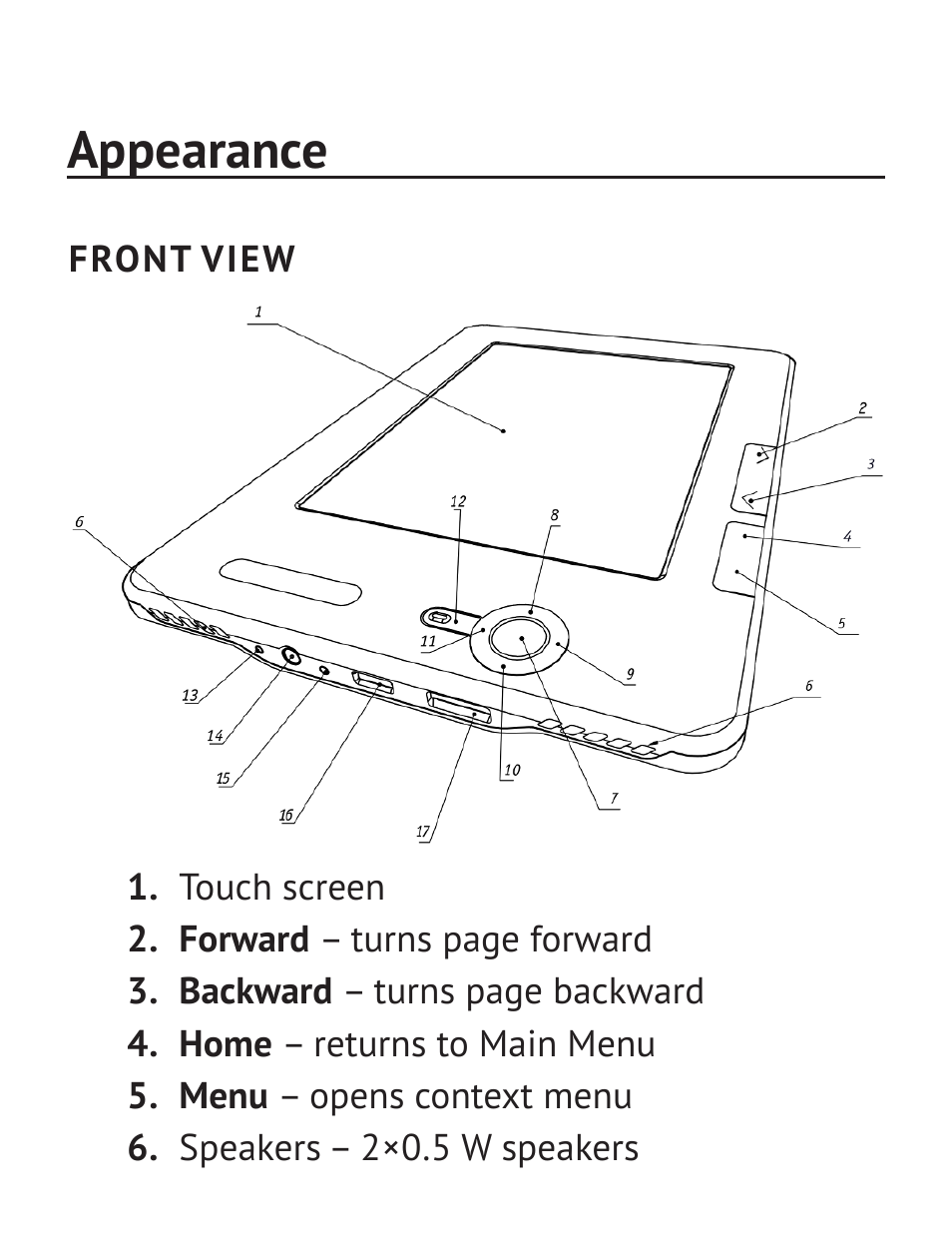 Appearance, Front view | PocketBook Pro 612 User Manual | Page 11 / 107