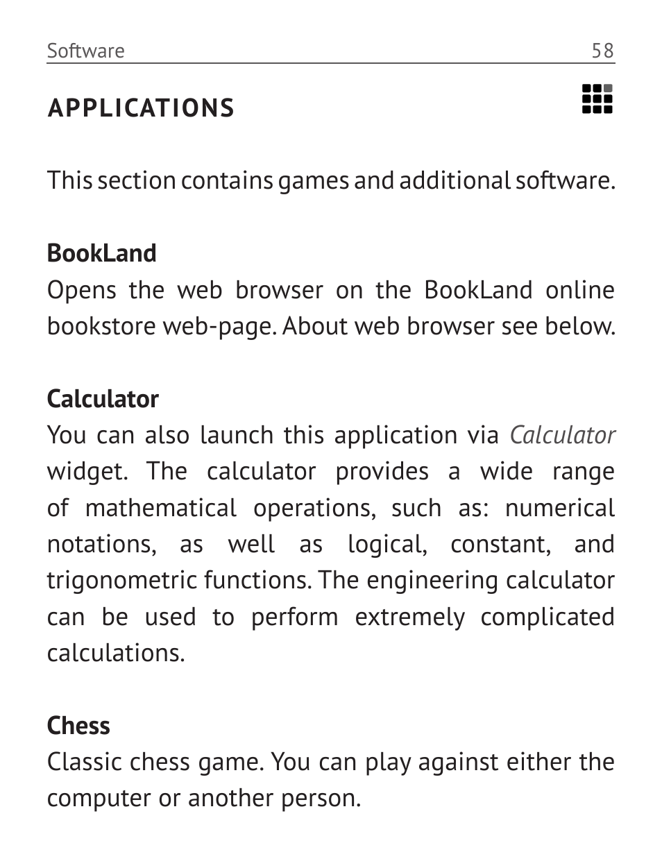 Applications, Applications 58 | PocketBook Pro 612 User Manual | Page 59 / 107