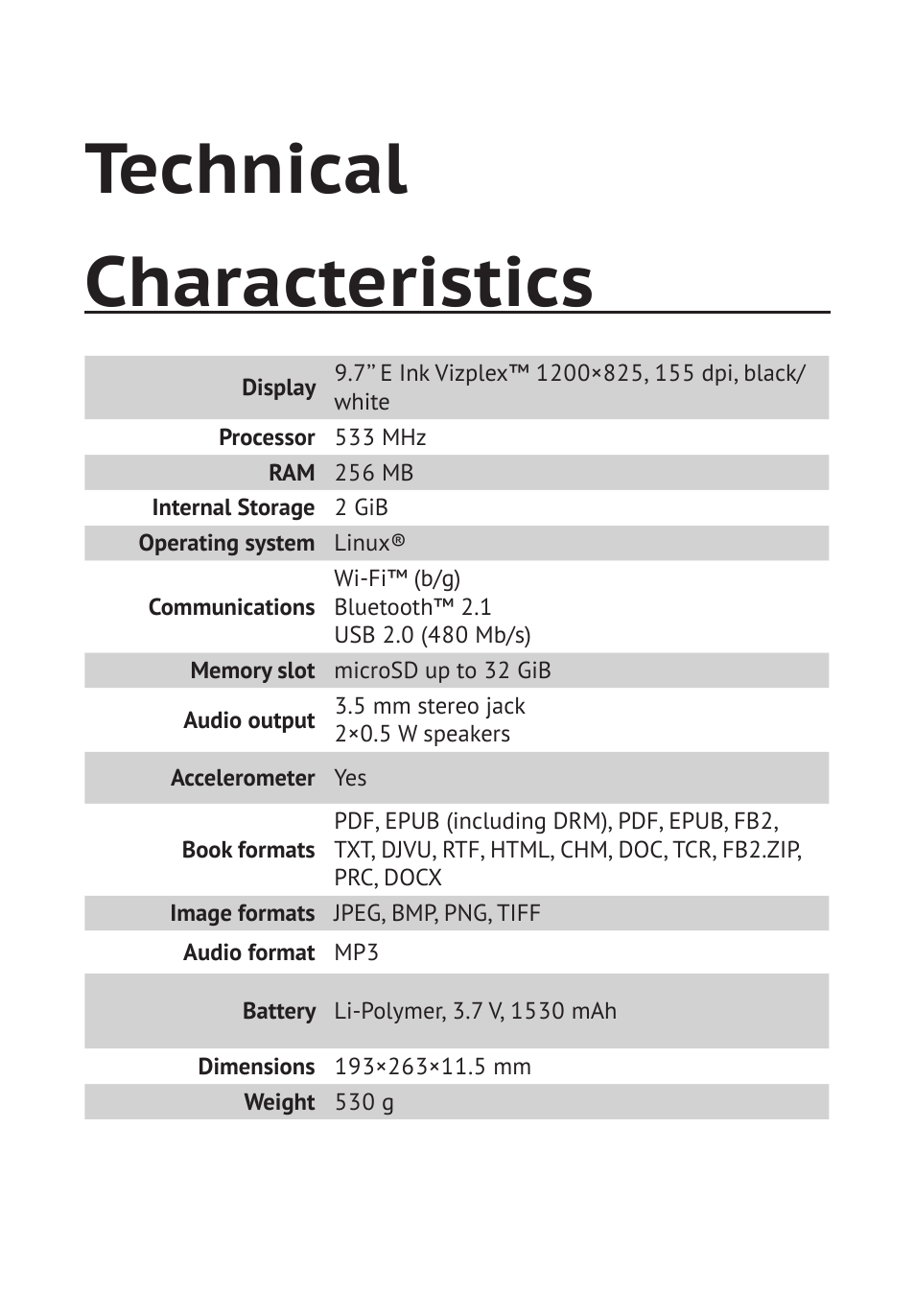 Technical characteristics | PocketBook Pro 902 User Manual | Page 11 / 66