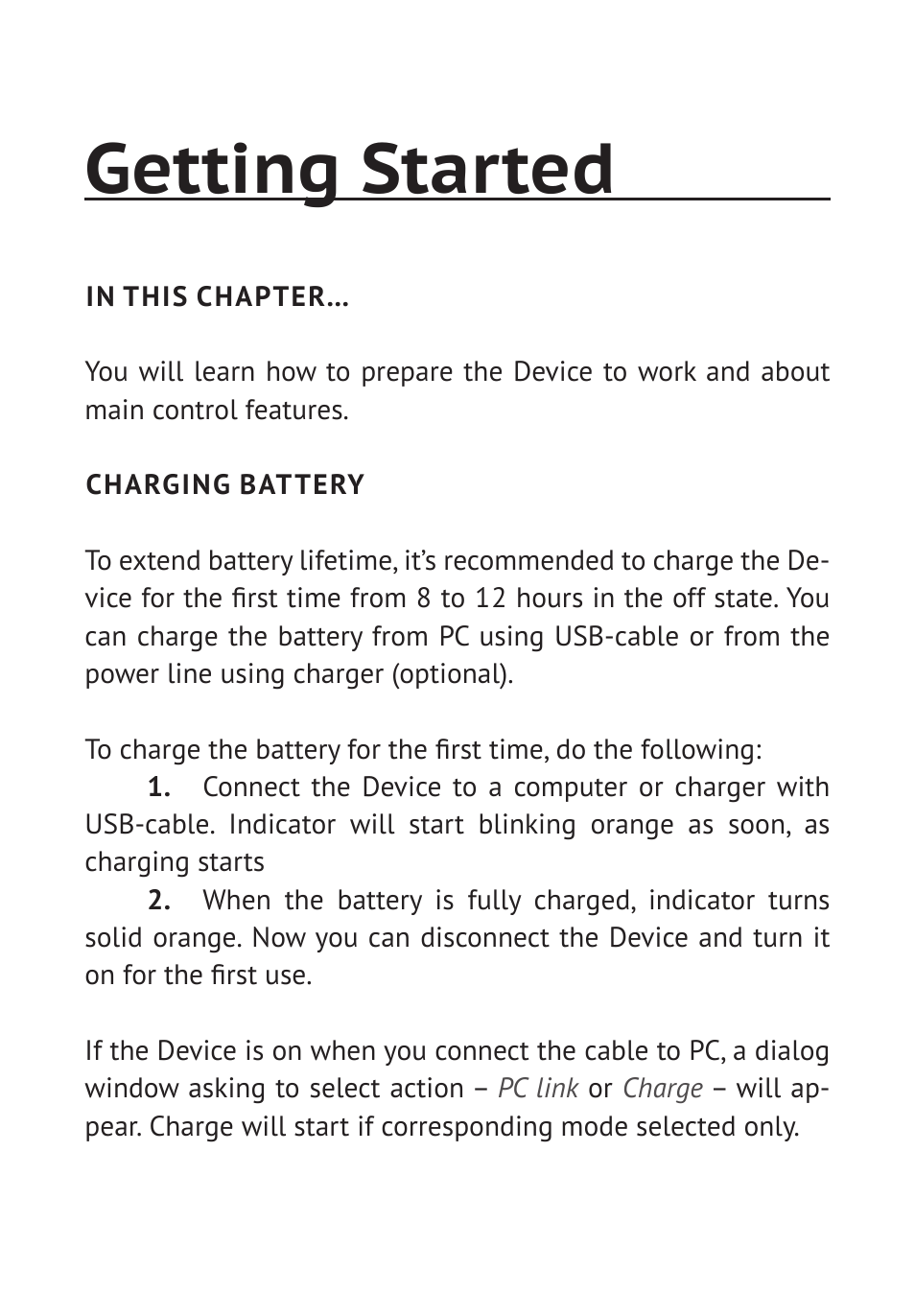 Getting started, Charging battery | PocketBook Pro 902 User Manual | Page 12 / 66