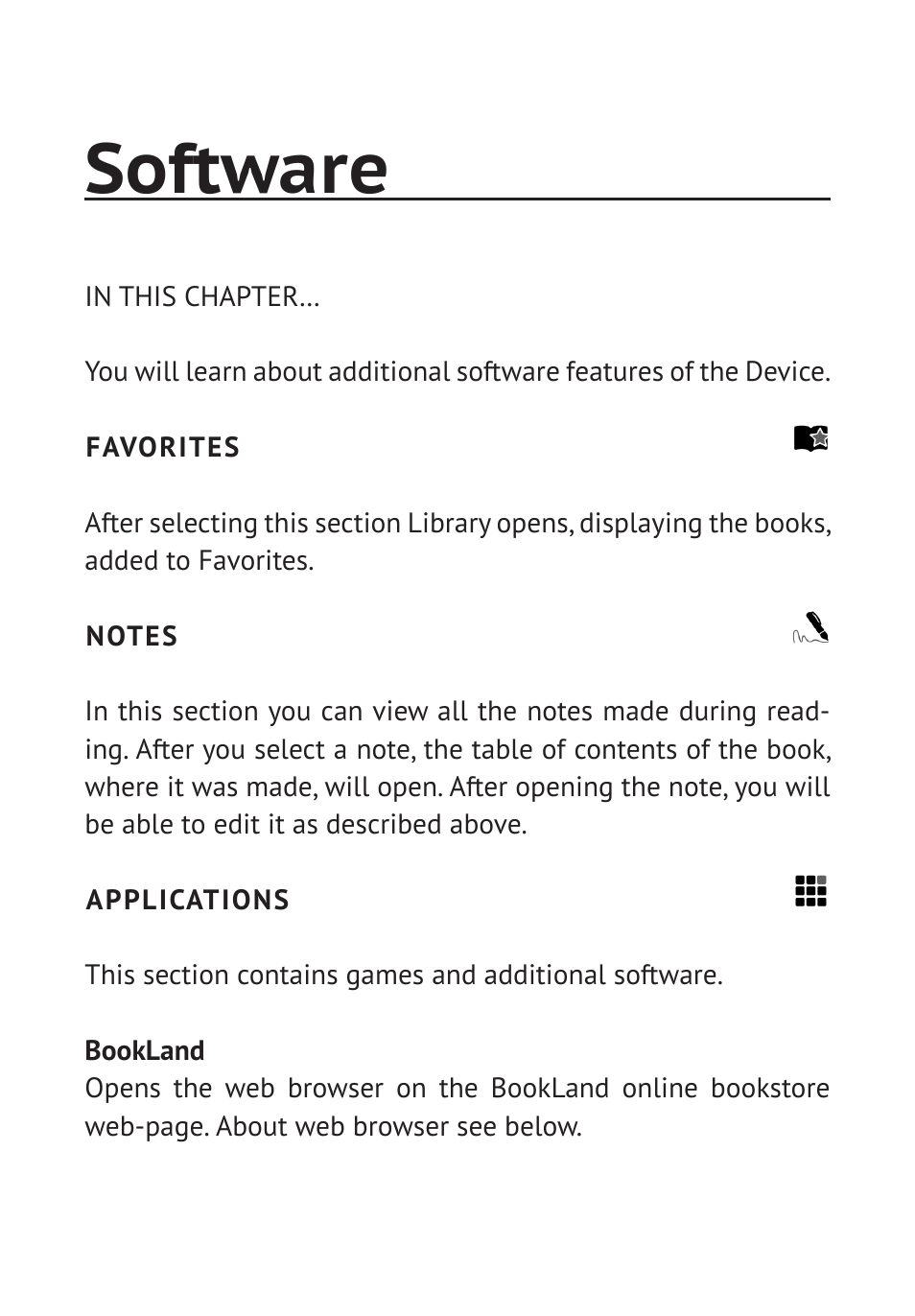 Software, Favorites, Notes | Applications, Favorites 32 notes 32 applications 32 | PocketBook Pro 902 User Manual | Page 34 / 66