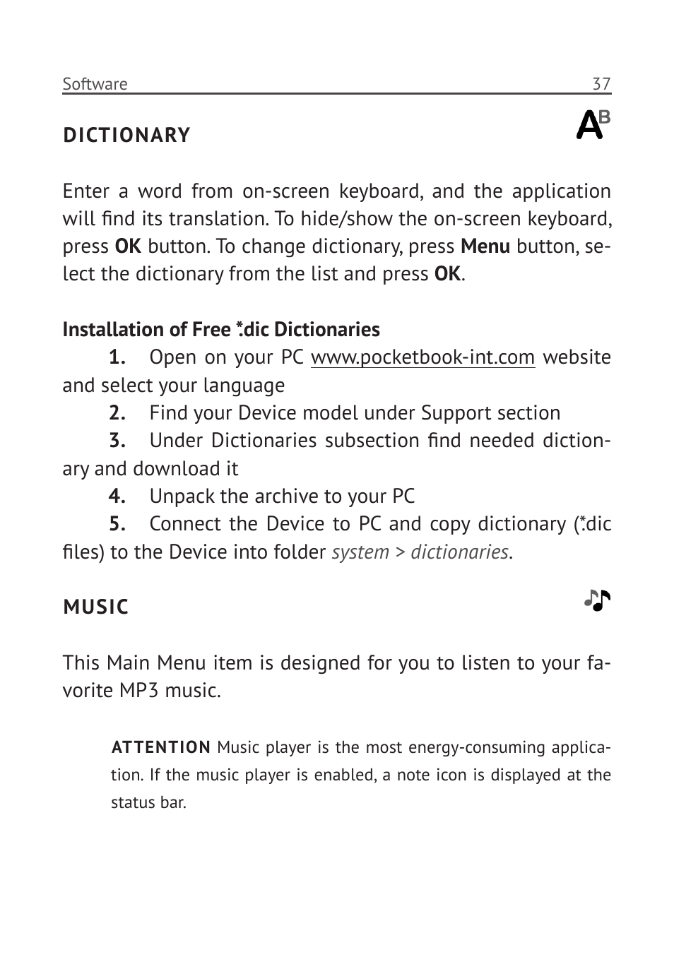 Dictionary, Music, Dictionary 36 music 36 | PocketBook Pro 902 User Manual | Page 38 / 66