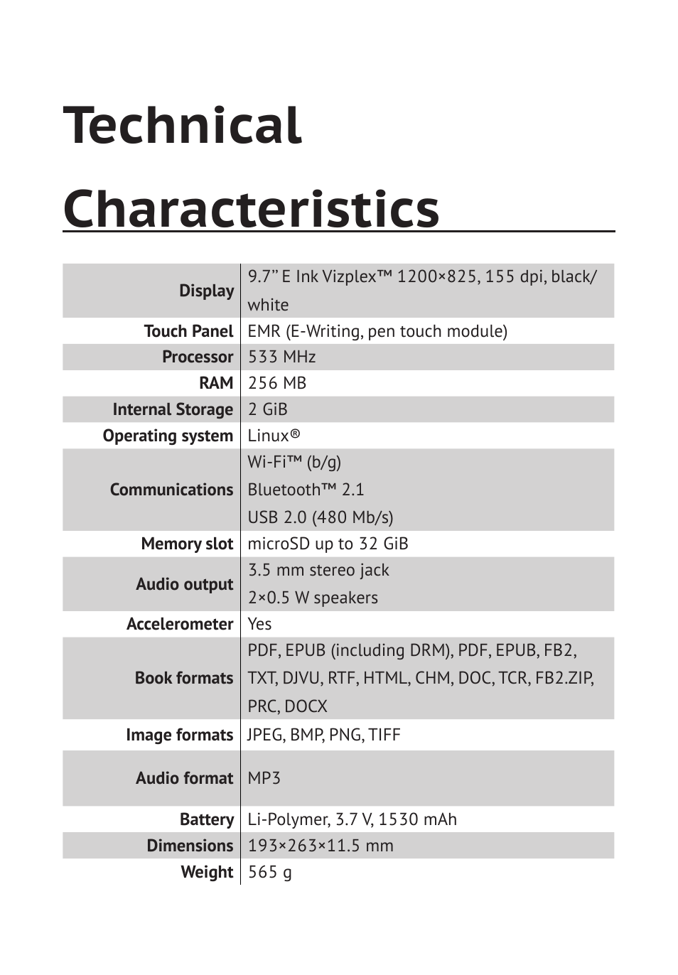 Technical characteristics | PocketBook Pro 912 User Manual | Page 11 / 71
