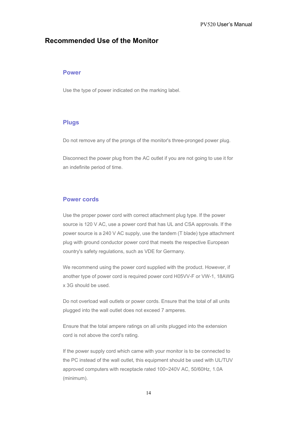 Recommended use of the monitor | CTX PV520 User Manual | Page 14 / 30