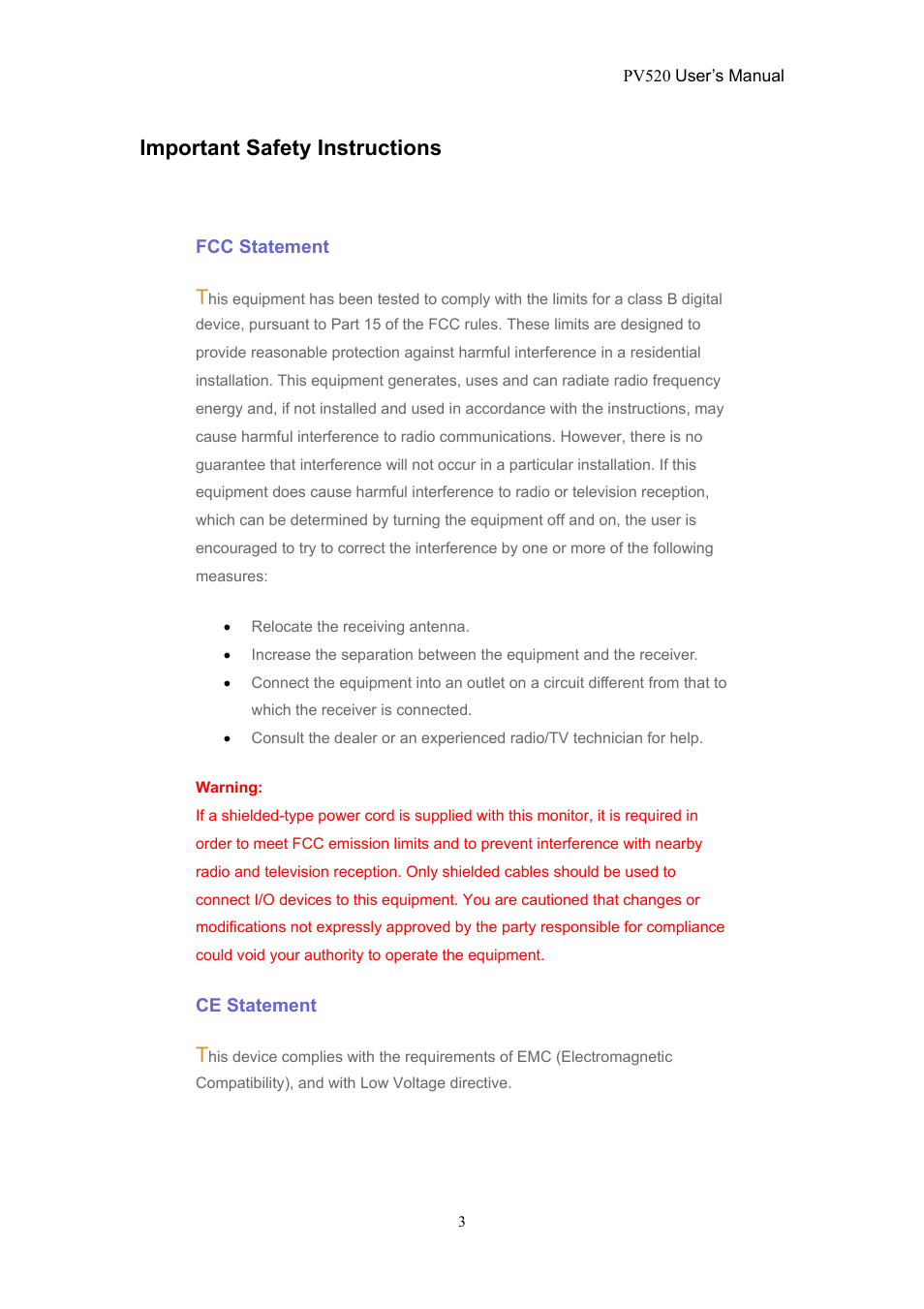 Important safety instructions | CTX PV520 User Manual | Page 3 / 30
