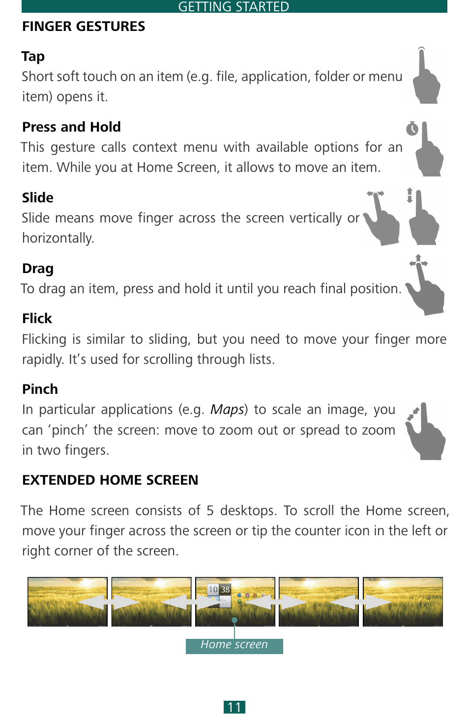 Finger gestures, Extended home screen, Goback | PocketBook SURFpad 3 (10,1") User Manual | Page 11 / 47