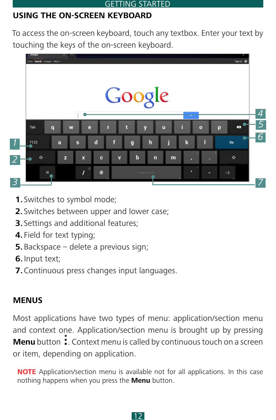 Using the on-screen keyboard, Menus, Goback | Menus 12 | PocketBook SURFpad 3 (10,1") User Manual | Page 12 / 47
