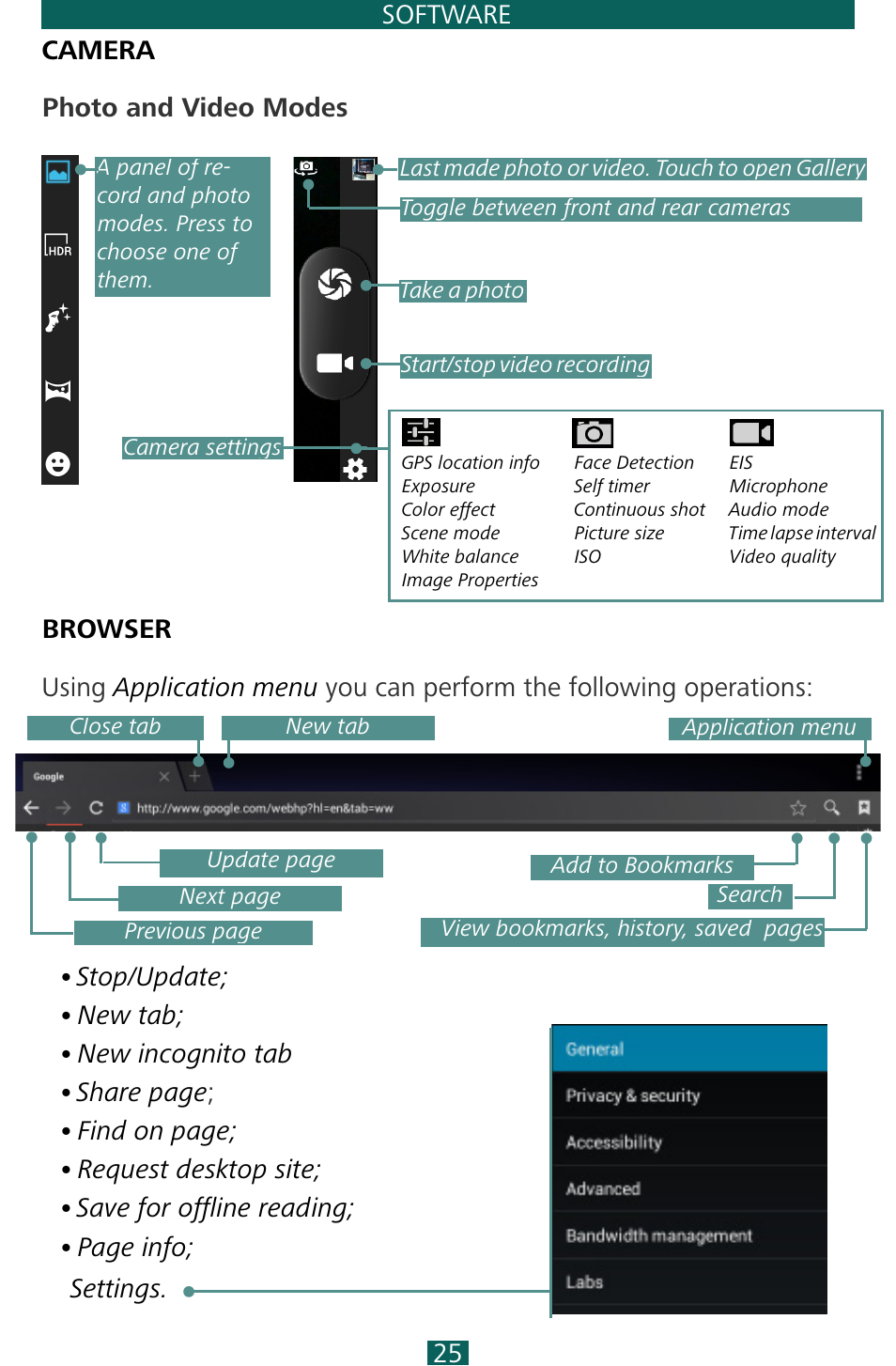 Camera, Photo and video modes, Browser | Camera 25, Browser 25 | PocketBook SURFpad 3 (10,1") User Manual | Page 25 / 47