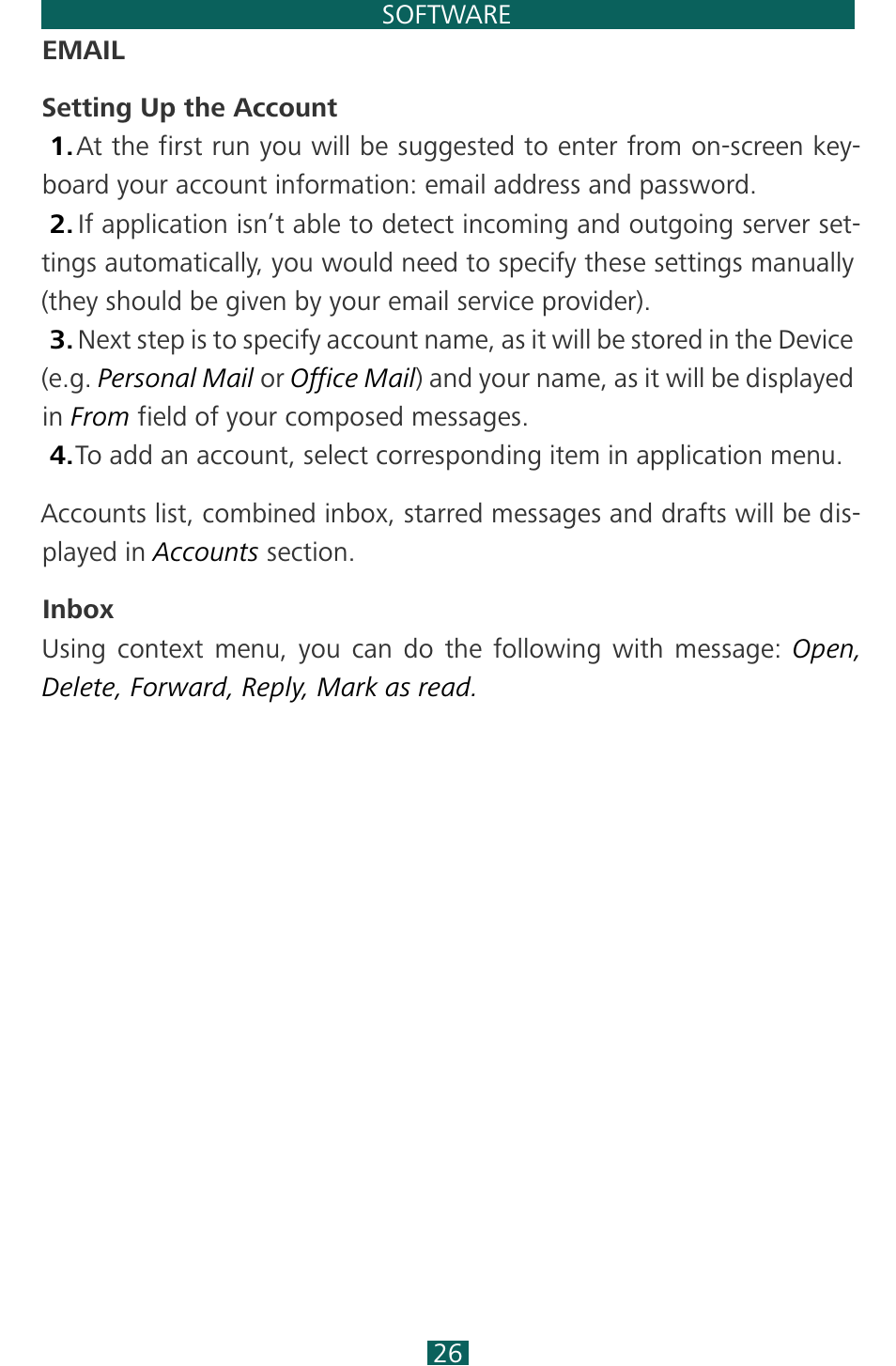 Email, Setting up the account, Inbox | Email 26, Inbox 26 | PocketBook SURFpad 3 (10,1") User Manual | Page 26 / 47