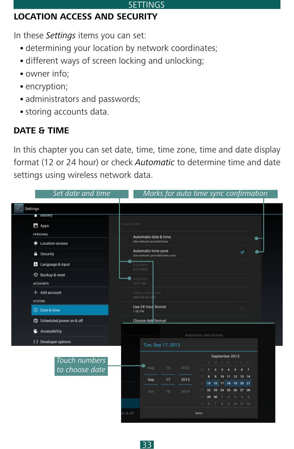 Location access and security, Date & time | PocketBook SURFpad 3 (10,1") User Manual | Page 33 / 47