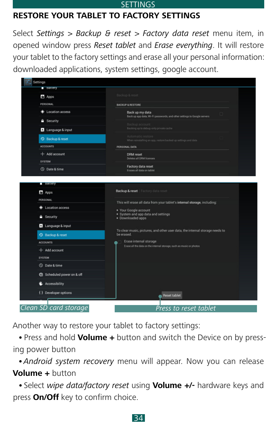 Restore your tablet to factory settings | PocketBook SURFpad 3 (10,1") User Manual | Page 34 / 47