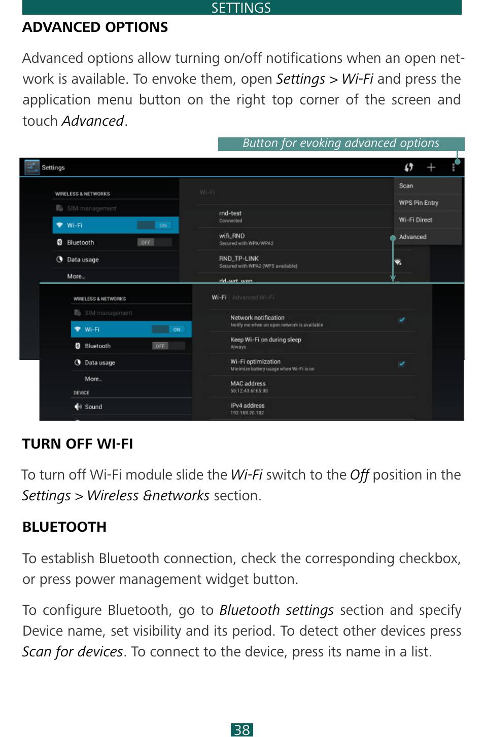 Advanced options, Turn off wi-fi, Bluetooth | Goback, Bluetooth 38 | PocketBook SURFpad 3 (10,1") User Manual | Page 38 / 47