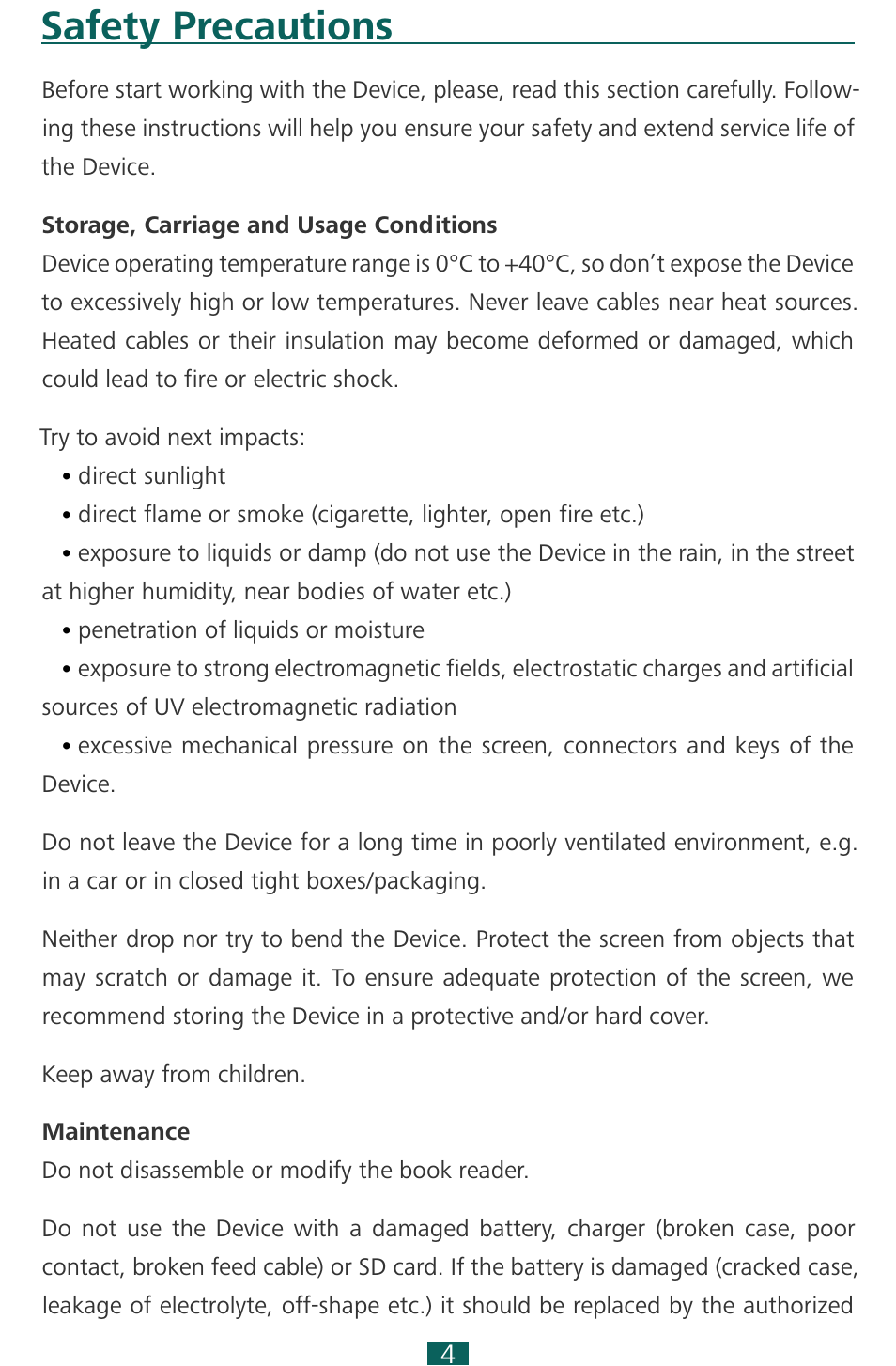 Safety precautions, Storage, carriage and usage conditions, Maintenance | Maintenance 4 | PocketBook SURFpad 3 (10,1") User Manual | Page 4 / 47