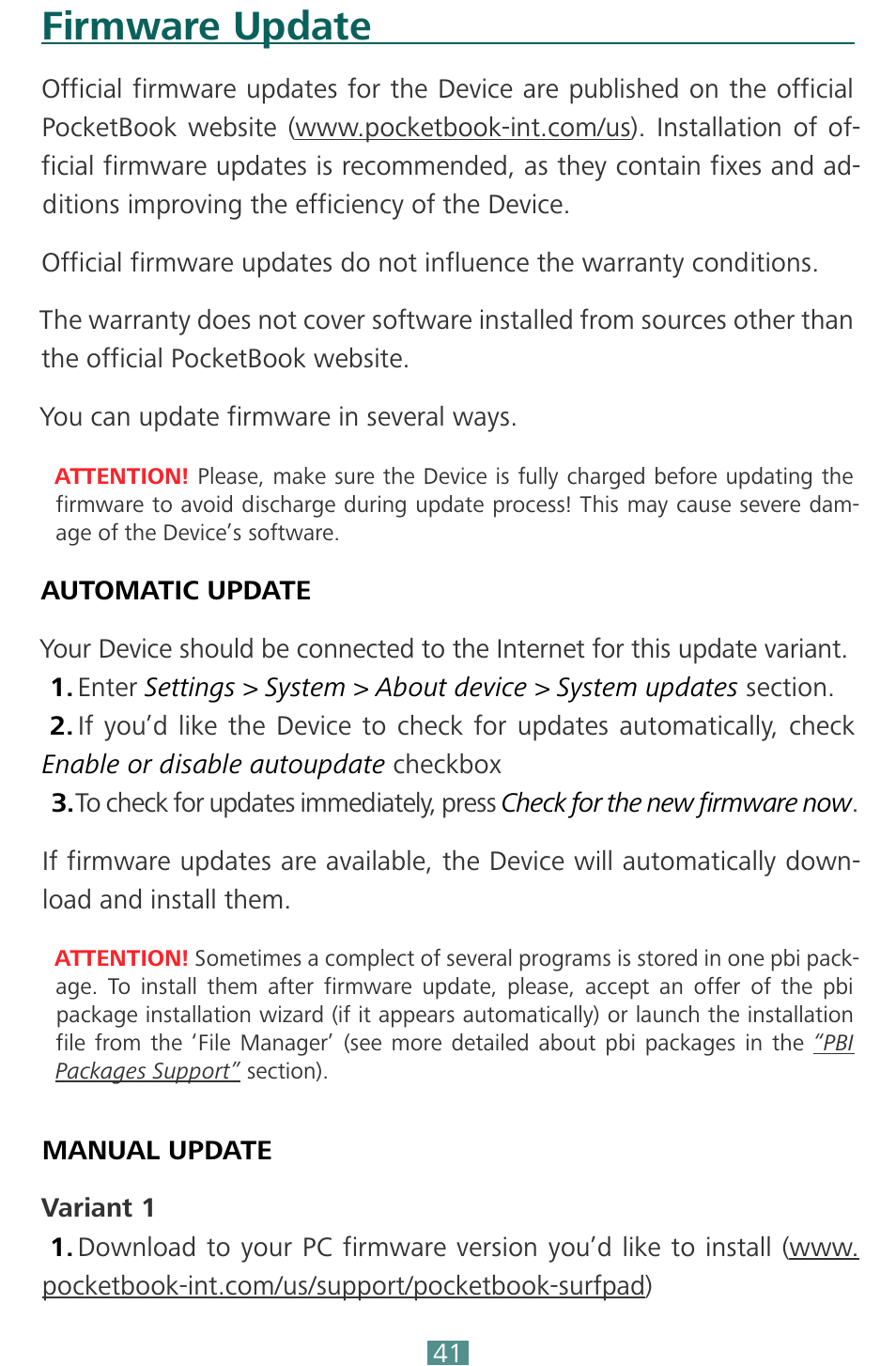 Firmware update, Automatic update, Manual update | PocketBook SURFpad 3 (10,1") User Manual | Page 41 / 47