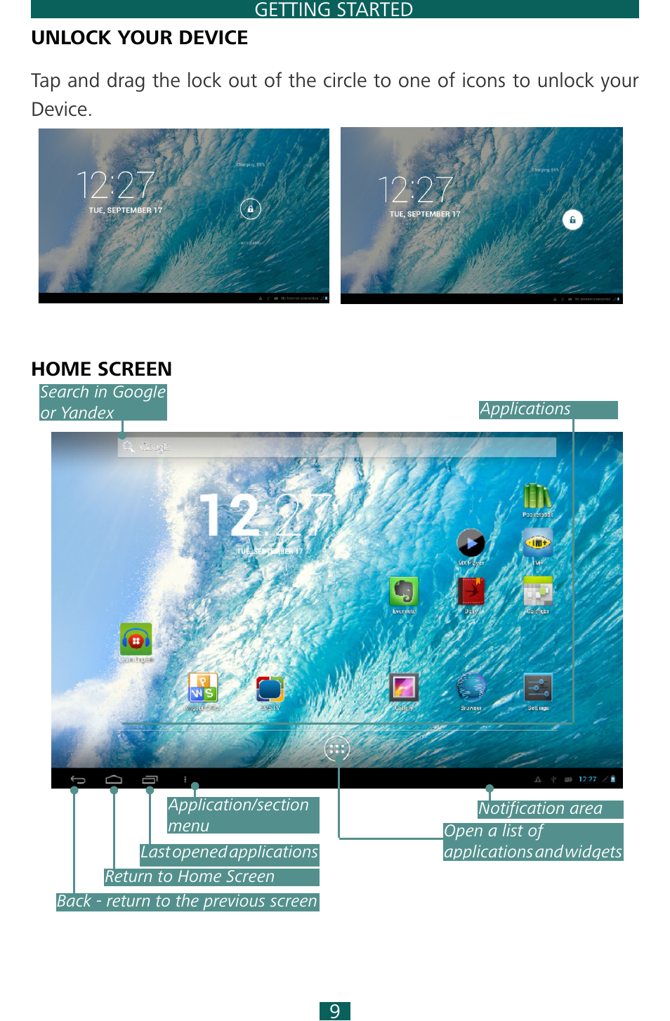 Unlock your device, Home screen | PocketBook SURFpad 3 (10,1") User Manual | Page 9 / 47